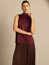 [Dark Red] SilkSilky-AU 19Momme Stretch Silk Charmeuse Sleeveless High Neck Blouse 007