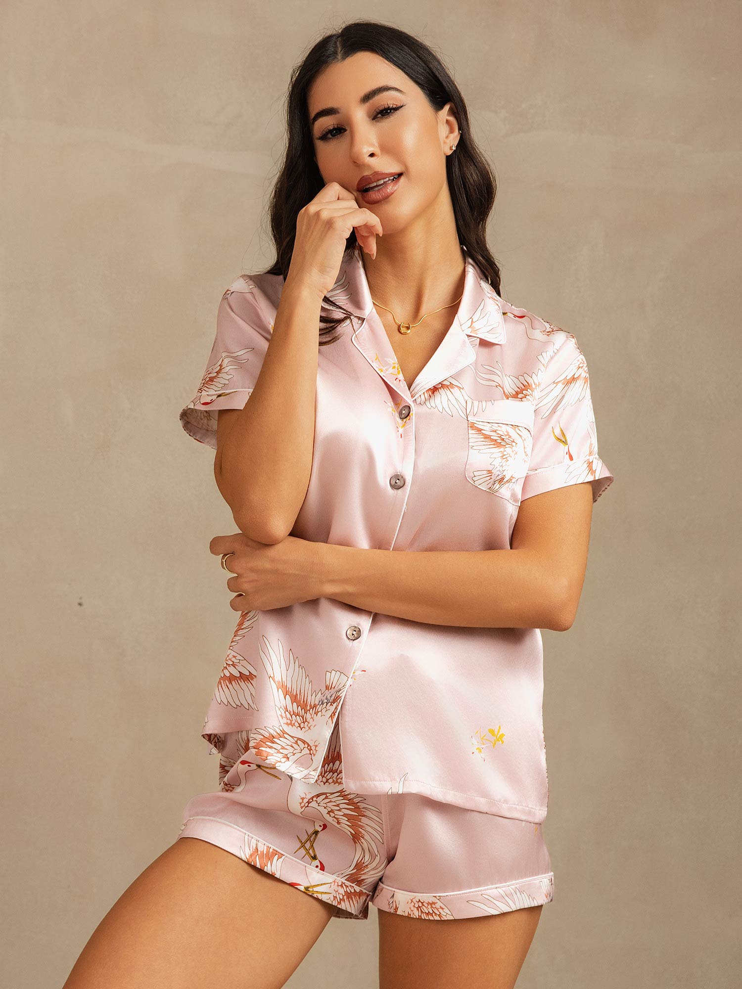 [Pink] SilkSilky-AU 19Momme Short Sleeve Notch Collar Women's Pyjamas 003