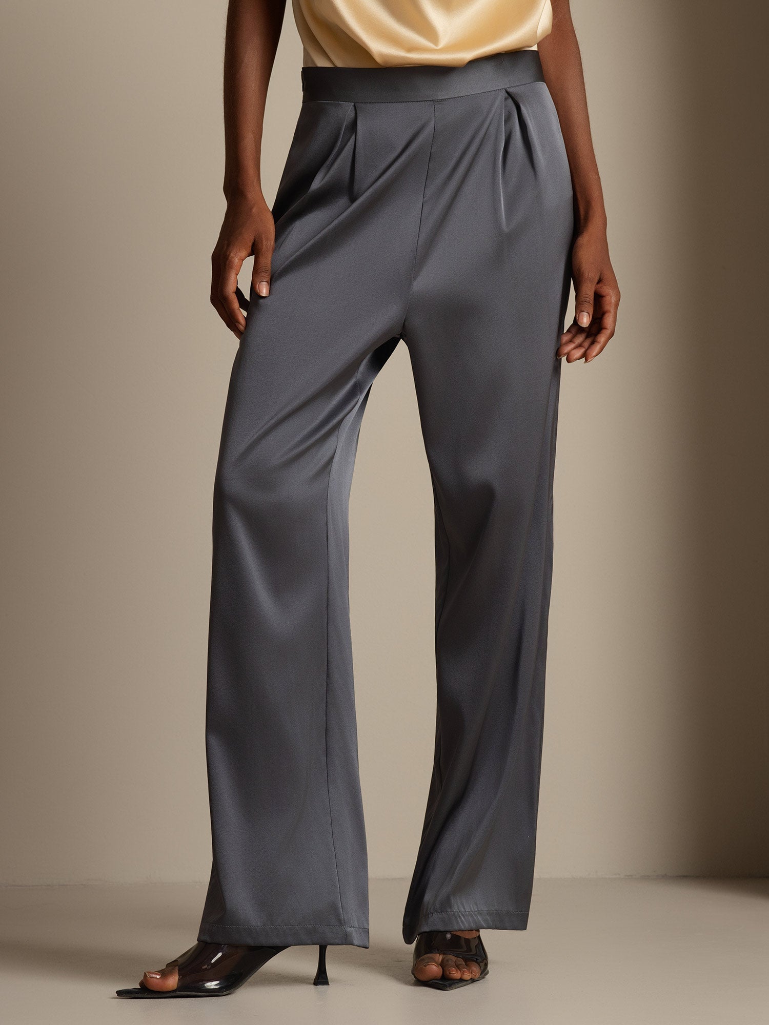 [Dark Gray] SilkSilky-AU 19Momme Stretch Silk Charmeuse Women's Pants 003