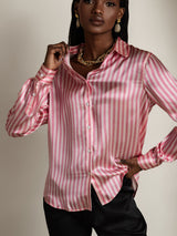 [Pink Stripe] SilkSilky-AU Long Sleeve Lapel Collar Women's Shirt 003