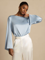 [Grayish Blue] SilkSilky-AU Long Sleeve Boat Neck Blouse 001