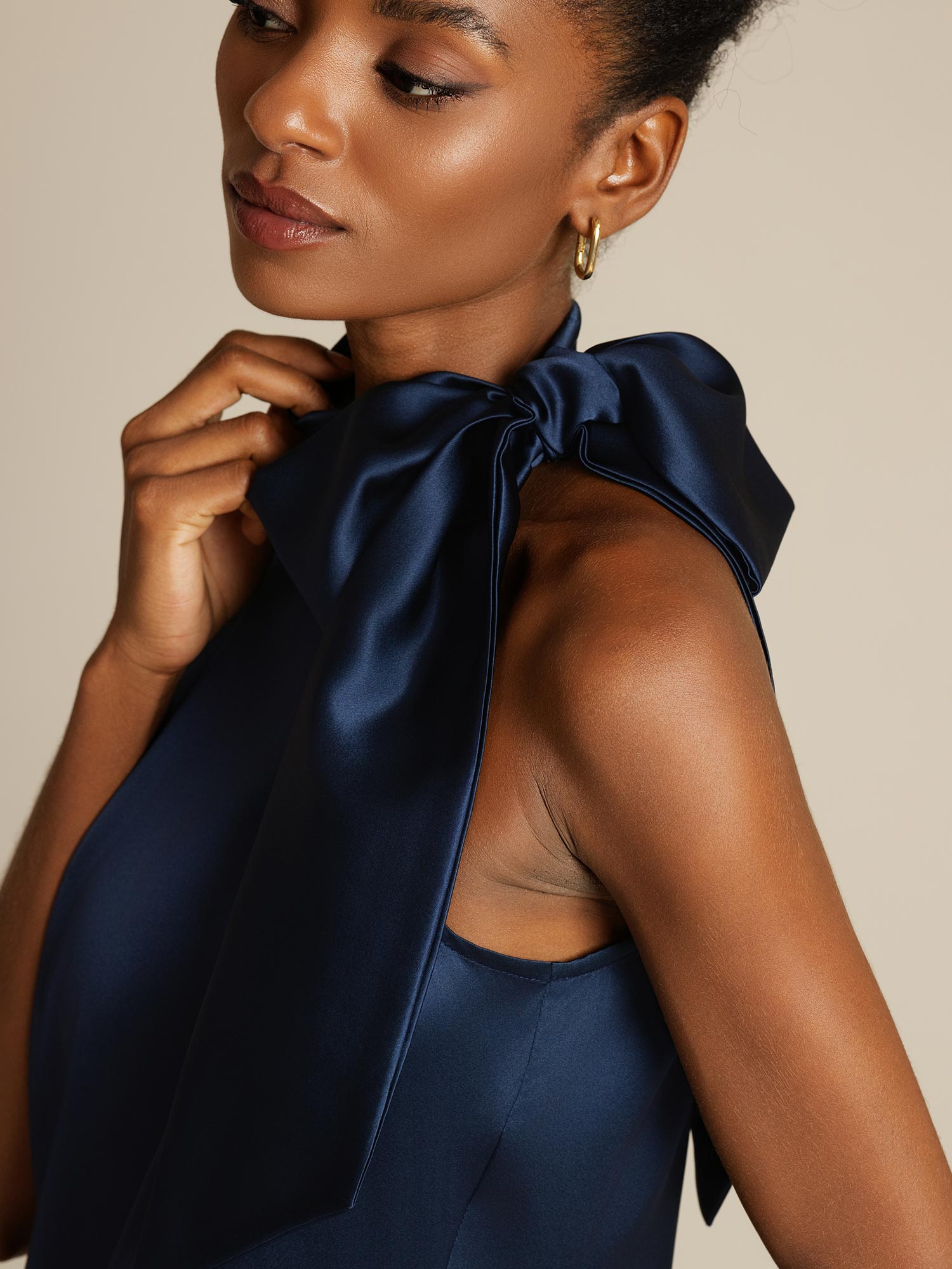 [Dark Blue] SilkSilky-AU 19Momme Silk Sleeveless Tie Neck Dress 004