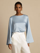 [Grayish Blue] SilkSilky-AU Long Sleeve Boat Neck Blouse 006