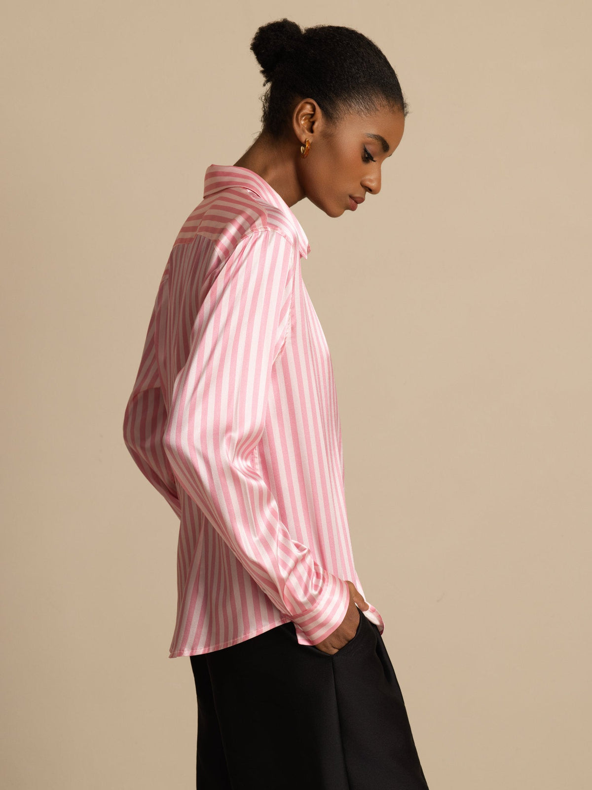 [Pink Stripe] SilkSilky-AU Long Sleeve Lapel Collar Women's Shirt 002