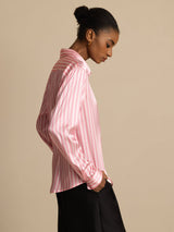 [Pink Stripe] SilkSilky-AU Long Sleeve Lapel Collar Women's Shirt 002