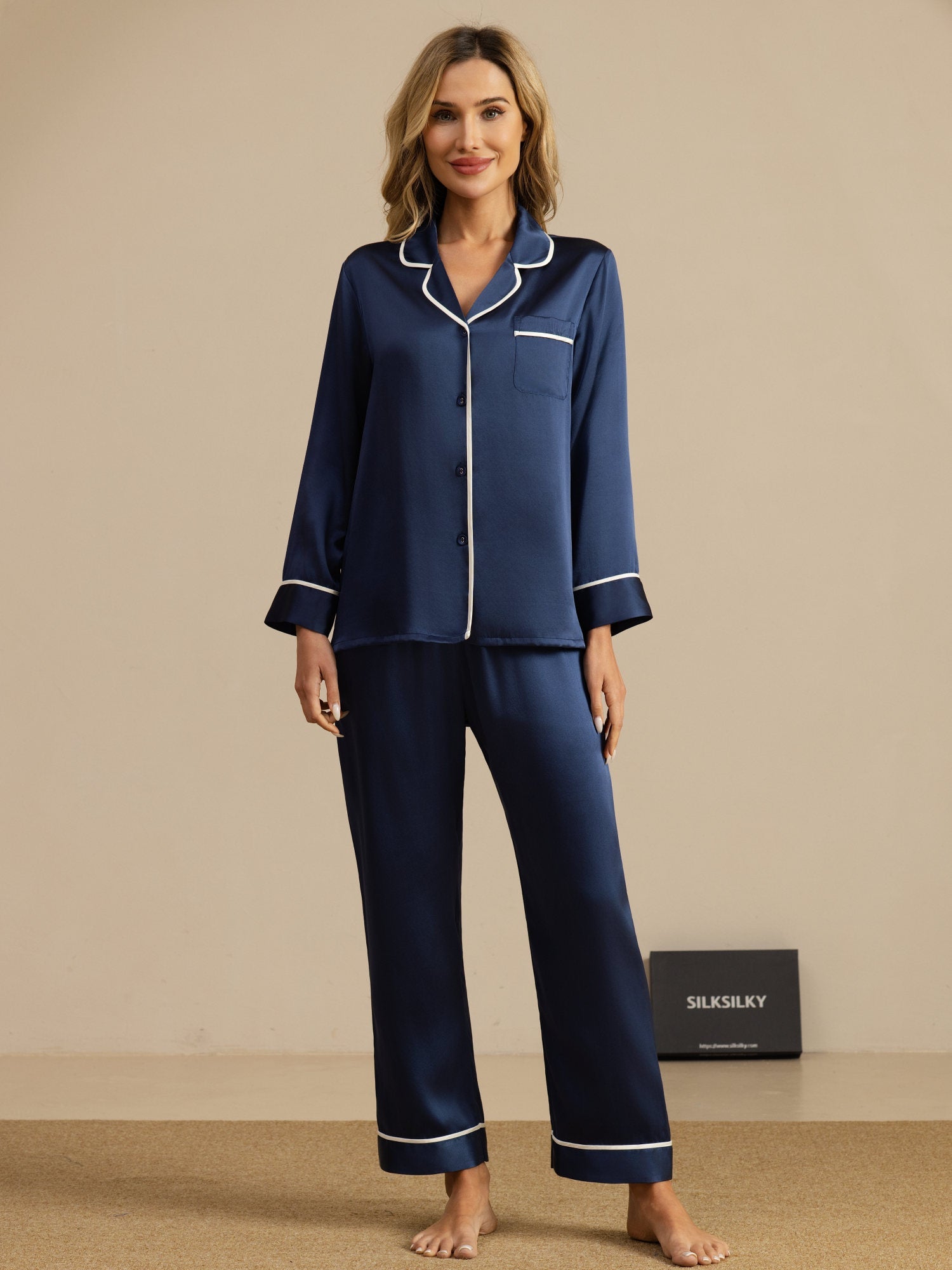 [Dark Blue] SilkSilky-AU Pure Silk Long Sleeve Lapel Collar Women's Pyjamas 001