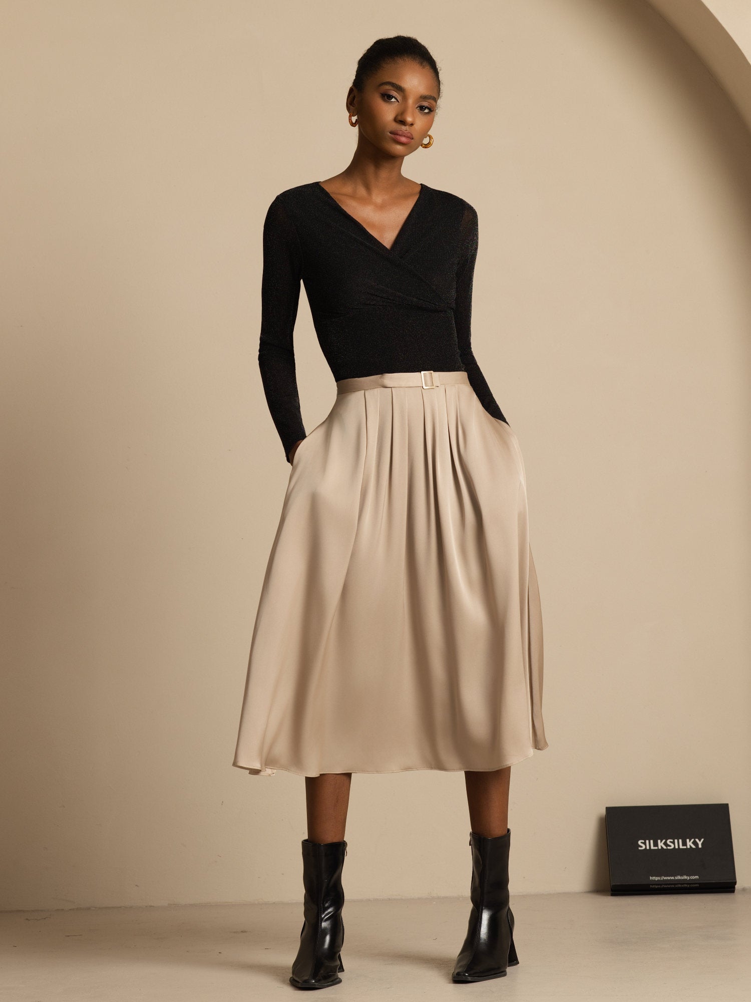 [Tan] SilkSilky-AU 19Momme Stretch Silk Double Georgette Skirt 005