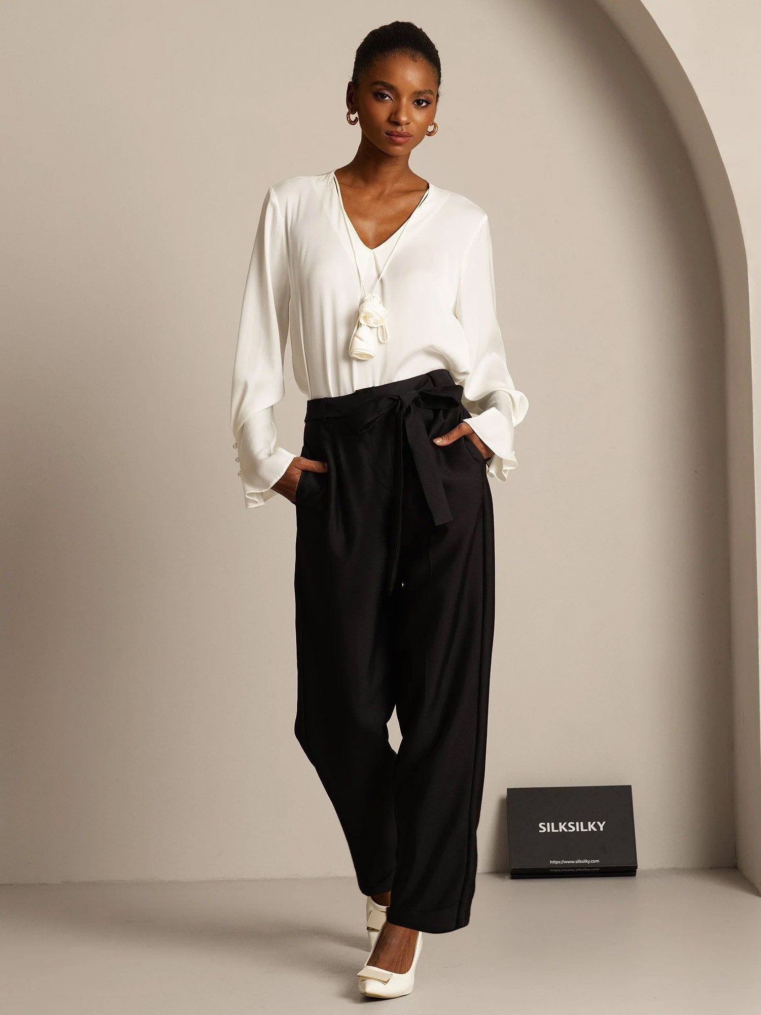 [Black] SilkSilky-AU 32Momme Wool Womens Pants 003