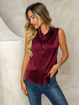 [Dark Red] SilkSilky-AU Sleeveless Lapel Collar Women's Shirt 005