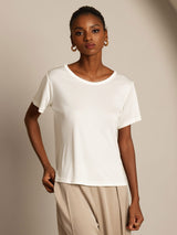 [White] SilkSilky-AU 100% Silk Jersey Short Sleeve Round Neck Women's T-Shirt 003