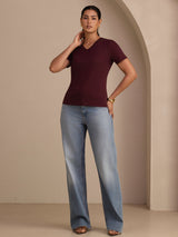 [Wine] SilkSilky-AU Short Sleeve V Neck Women's T-Shirt 006