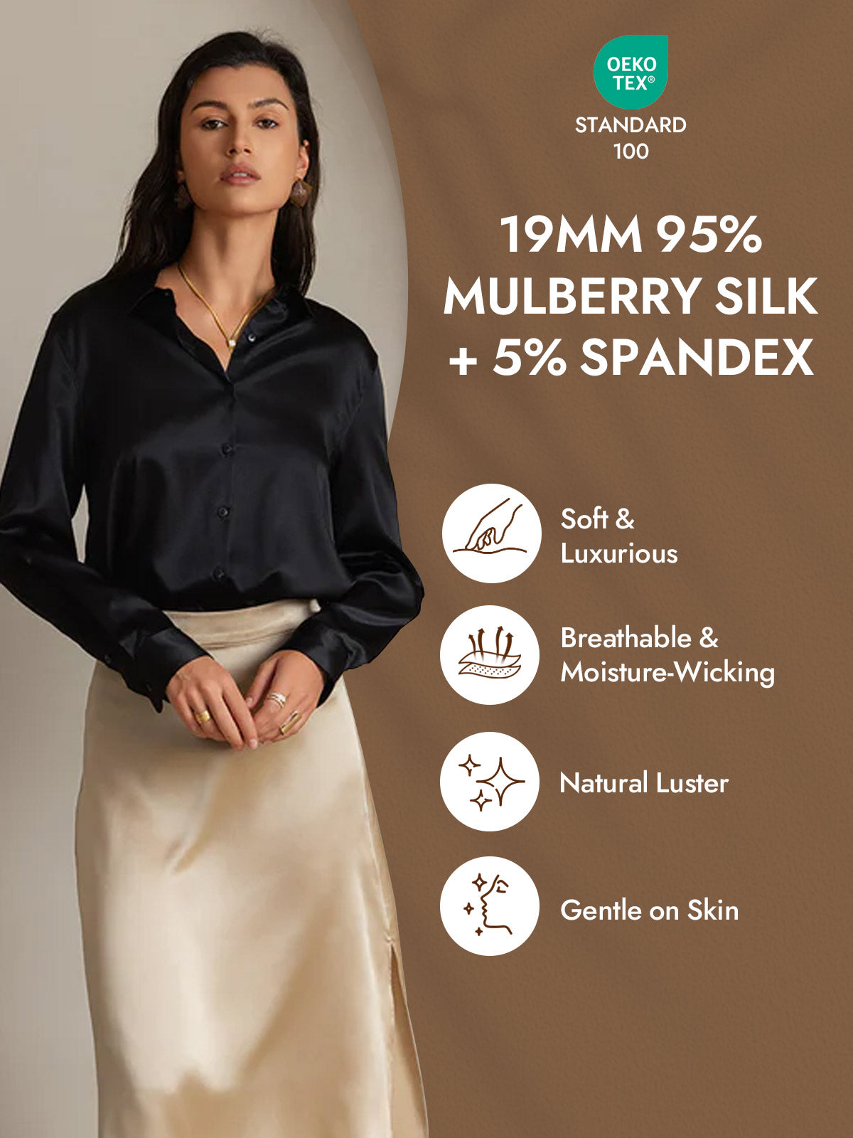 [Black] SilkSilky-AU Silk Long Sleeve Lapel Collar Women's Shirt 004