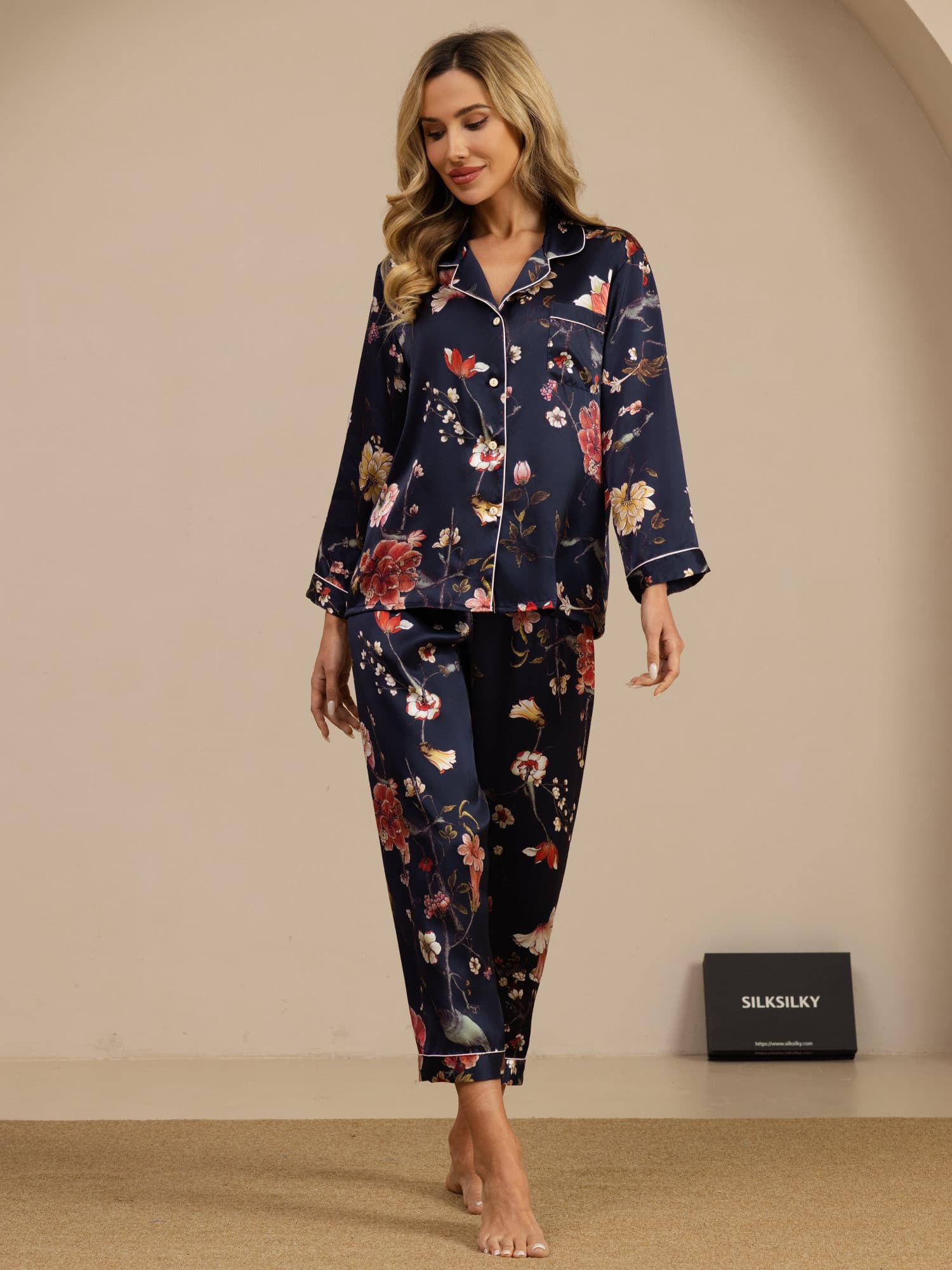 [Navy Floral] SilkSilky-AU Long Sleeve Notch Collar Women's Pyjamas 004
