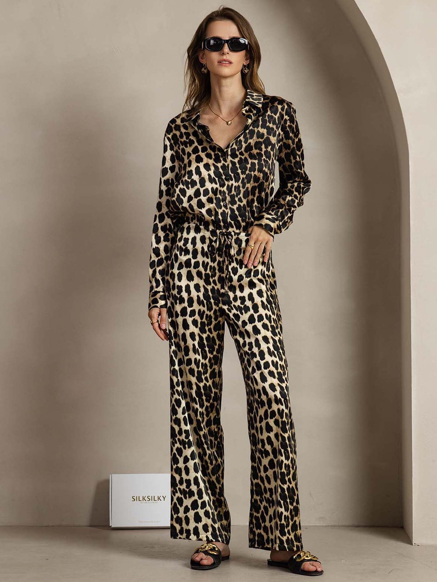 [Leopard] SilkSilky-AU 19Momme Silk Lapel Collar Women''s Outfit Sets 001
