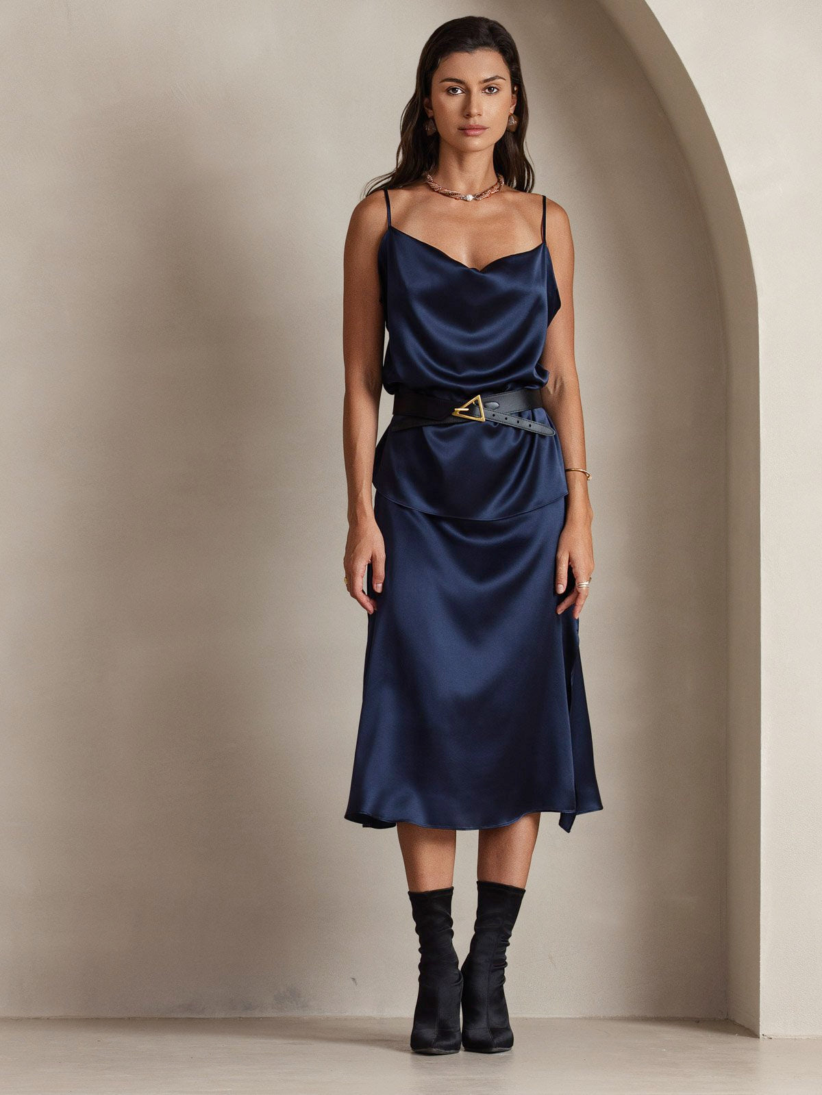 [Dark Blue] SilkSilky-AU 19Momme Silk Spaghetti Strap Cowl Neck Camisole 004