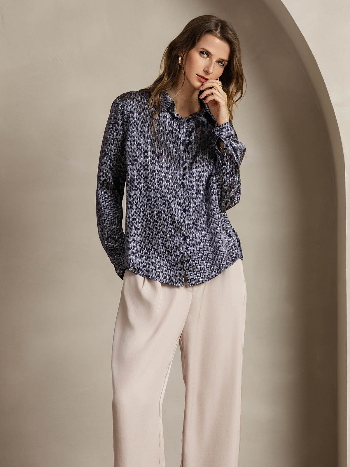 [Navy Ginkgo] SilkSilky-AU Silk Lapel Collar Women's Shirt 006