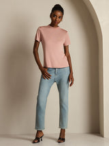 [Pink] SilkSilky-AU 100% Silk Jersey Short Sleeve Mock Neck Women's T-Shirt 007