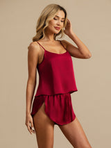 [Wine] SilkSilky-AU Spaghetti Strap Scoop Neck Camisole Set 001