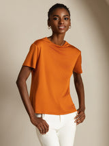 [Orange] SilkSilky-AU 100% Silk Jersey Short Sleeve Mock Neck Women's T-Shirt 006
