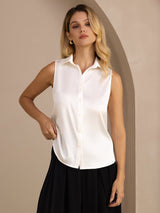 [White] SilkSilky-AU Sleeveless Lapel Collar Women's Shirt 003