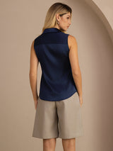 [Dark Blue] SilkSilky-AU Sleeveless Lapel Collar Women's Shirt 002