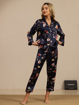 [Navy Floral] SilkSilky-AU Long Sleeve Lapel Collar Women's Pyjamas 003
