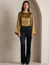 [Brown] SilkSilky-AU Long Sleeve Boat Neck Blouse 004