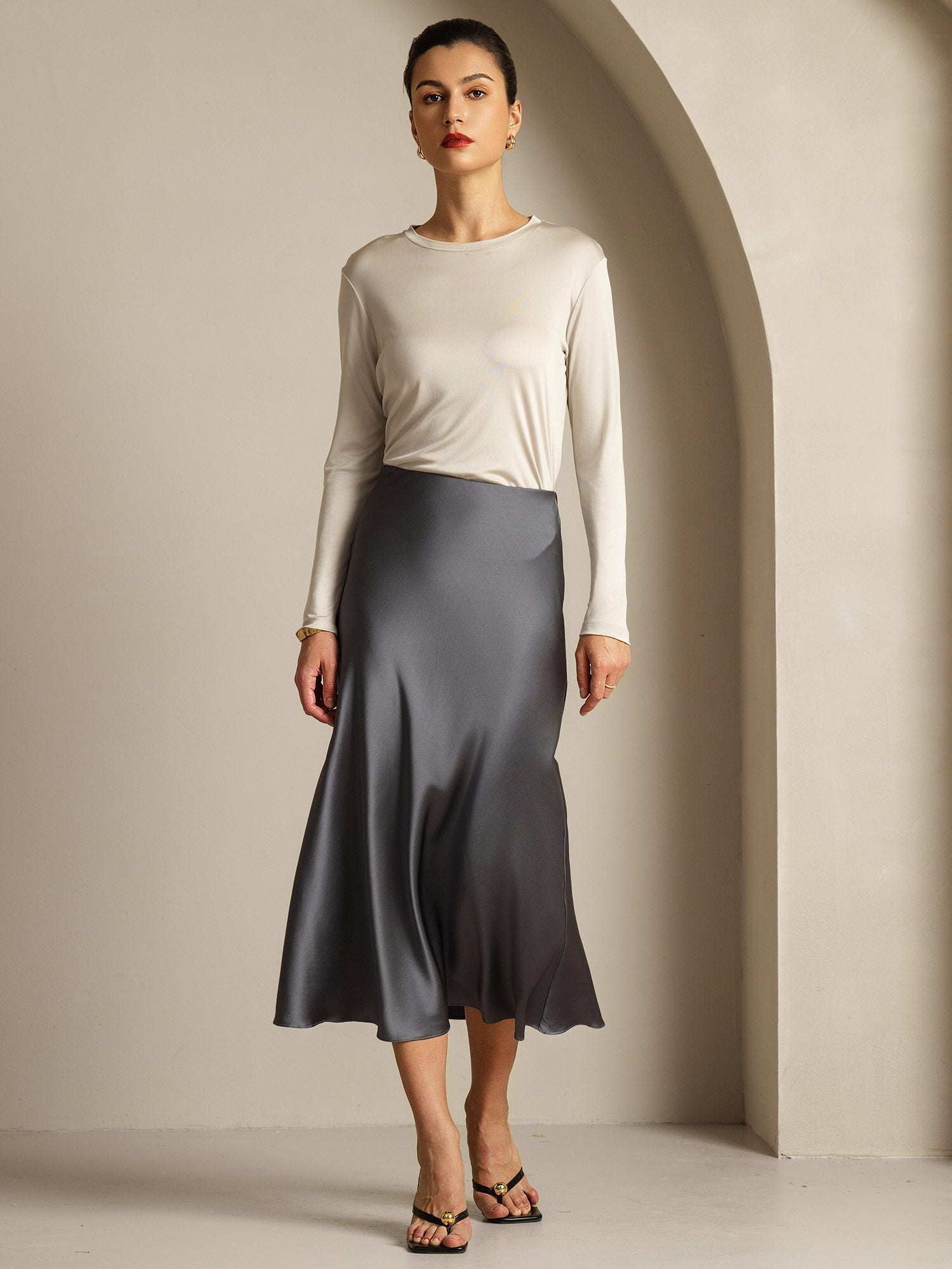 [Gray] SilkSilky-AU Pure Silk Womens T-Shirt 015,