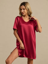 [Dark Red] SilkSilky-AU Half Sleeve V Neck Nightgown 004