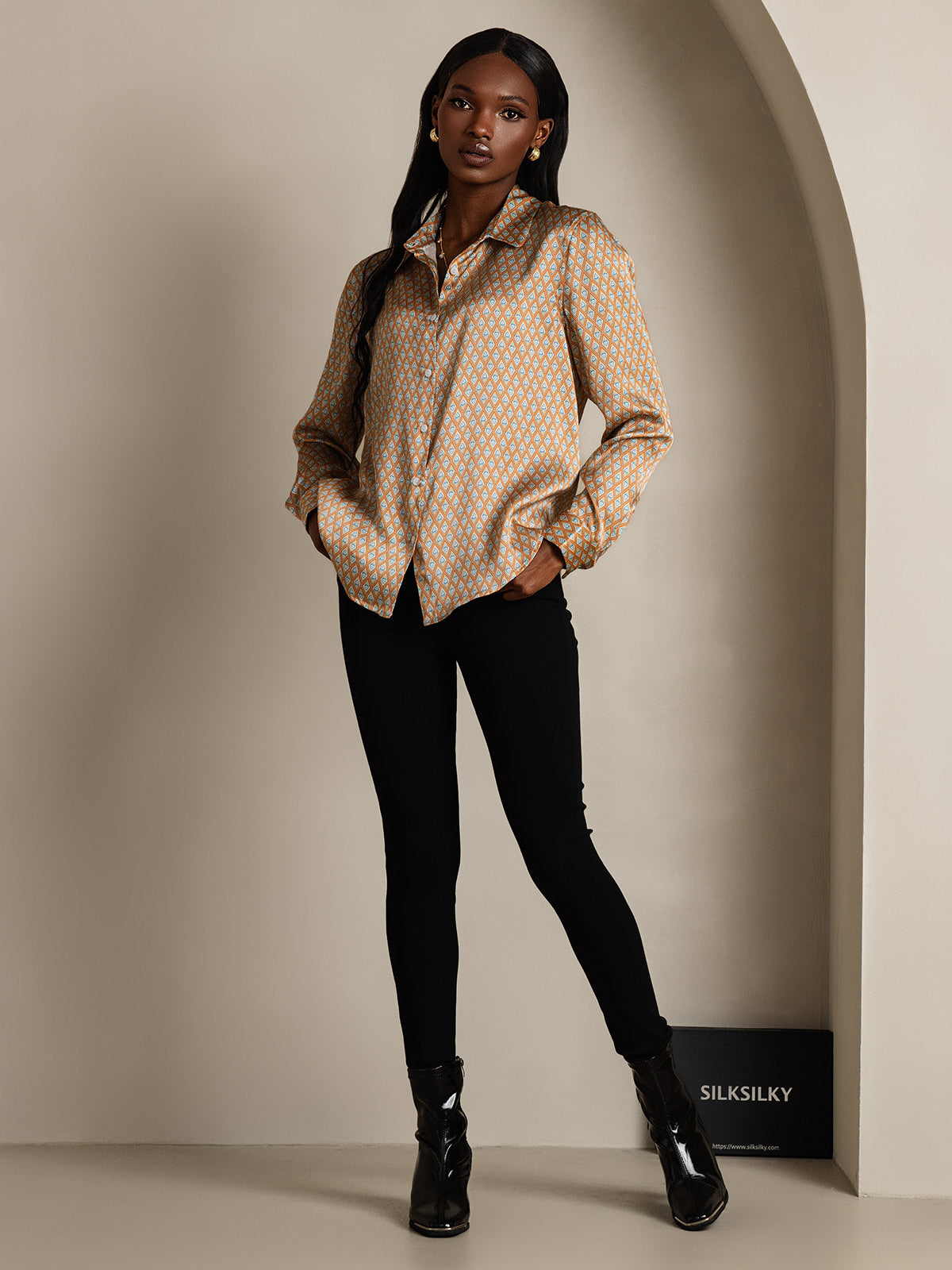 [Floral] SilkSilky-AU 19Momme Stretch Silk Charmeuse Long Sleeve Lapel Collar Women's Shirt 007