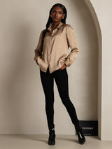 [Floral] SilkSilky-AU 19Momme Stretch Silk Charmeuse Long Sleeve Lapel Collar Women's Shirt 007