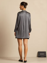 [Dark Gray] SilkSilky-AU 19Momme Stretch Silk Charmeuse Long Sleeve Stand Collar Blouse 002