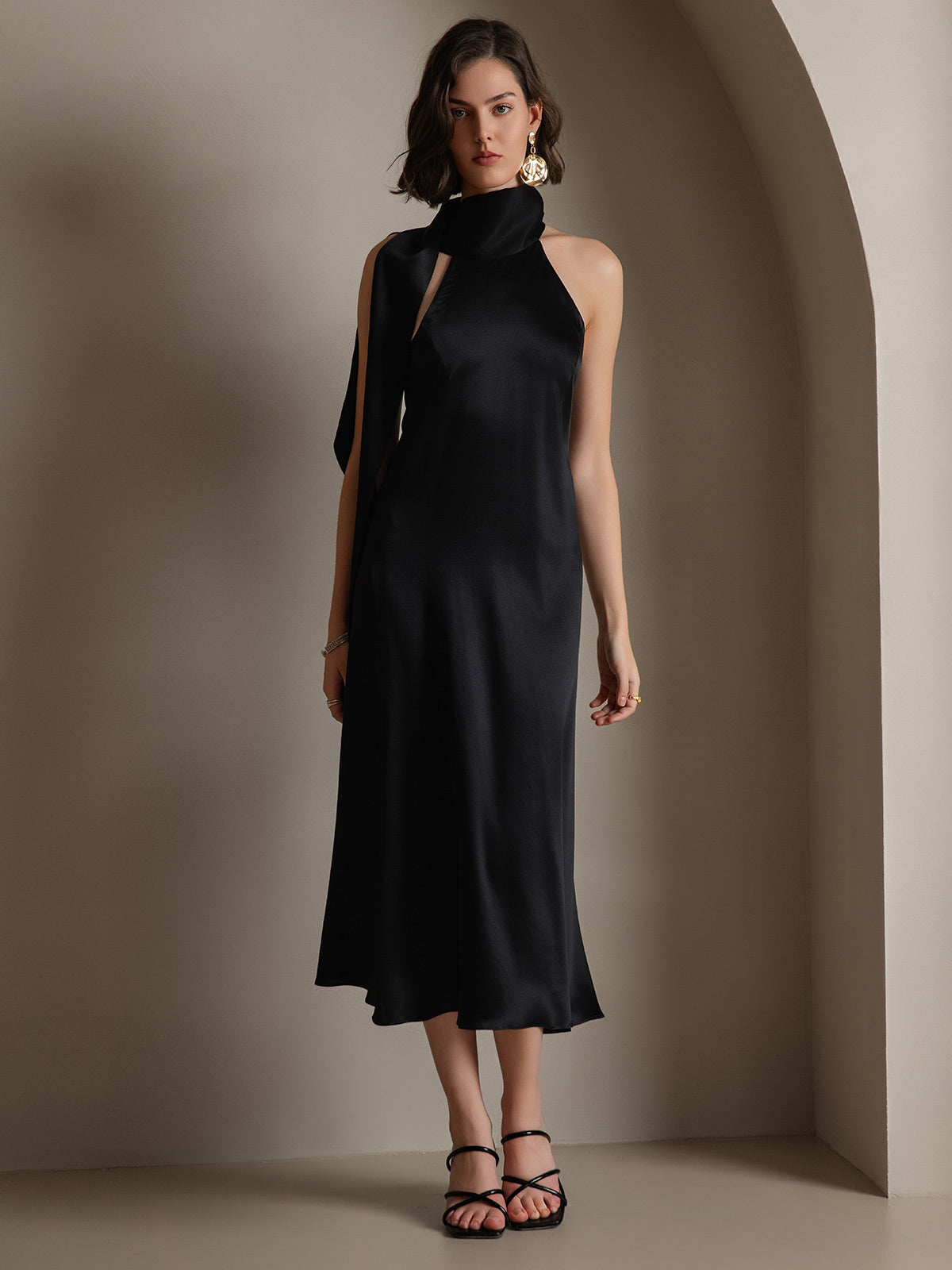 [Black] SilkSilky-AU 19Momme Silk Sleeveless Tie Neck Dress 005