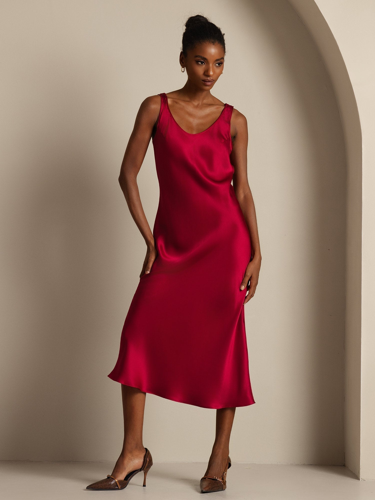 [Wine] SilkSilky-AU Pure Silk Boat Neck Dress 004,