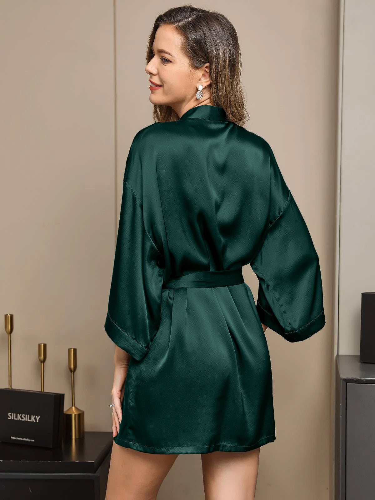 [Dark Green] SilkSilky-AU Pure Silk Half Sleeve Wrap Women's Dressing Gown 002