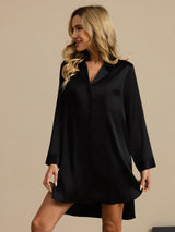 [Black] SilkSilky-AU Long Sleeve Lapel Collar Nightshirt 005