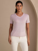 [Lavender] SilkSilky-AU Short Sleeve V Neck Women's T-Shirt 001