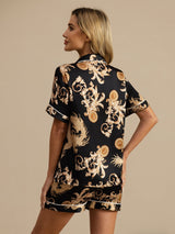 [Black Dragon] SilkSilky-AU Short Sleeve Lapel Collar Women's Pyjamas 002