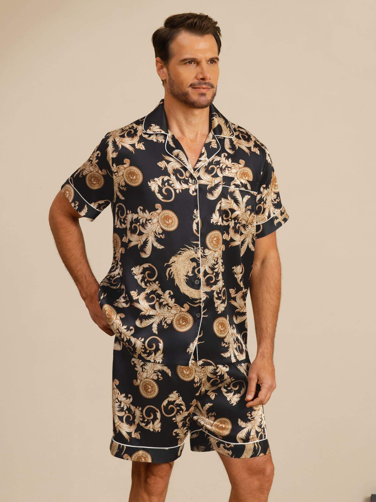 [Black Dragon] SilkSilky-AU Short Sleeve Notch Collar Men's Pyjamas 001