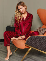[Wine] SilkSilky-AU Long Sleeve Lapel Collar Women's Pyjamas 001