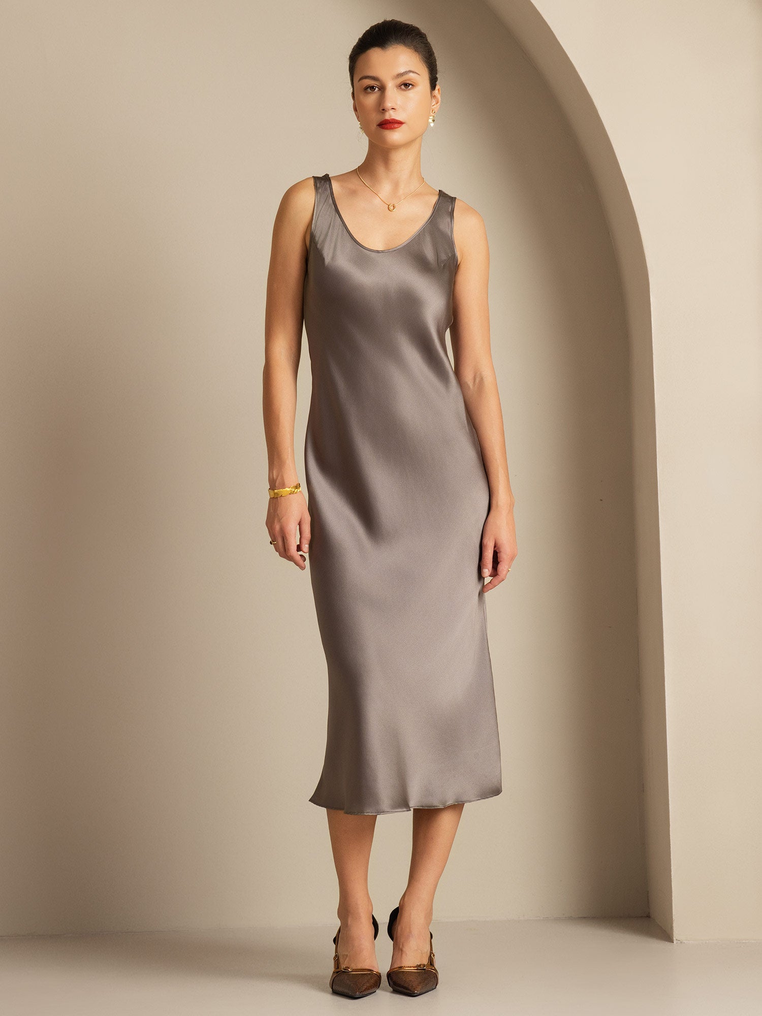 [Dark Khaki] SilkSilky-AU Pure Silk Boat Neck Dress 001,