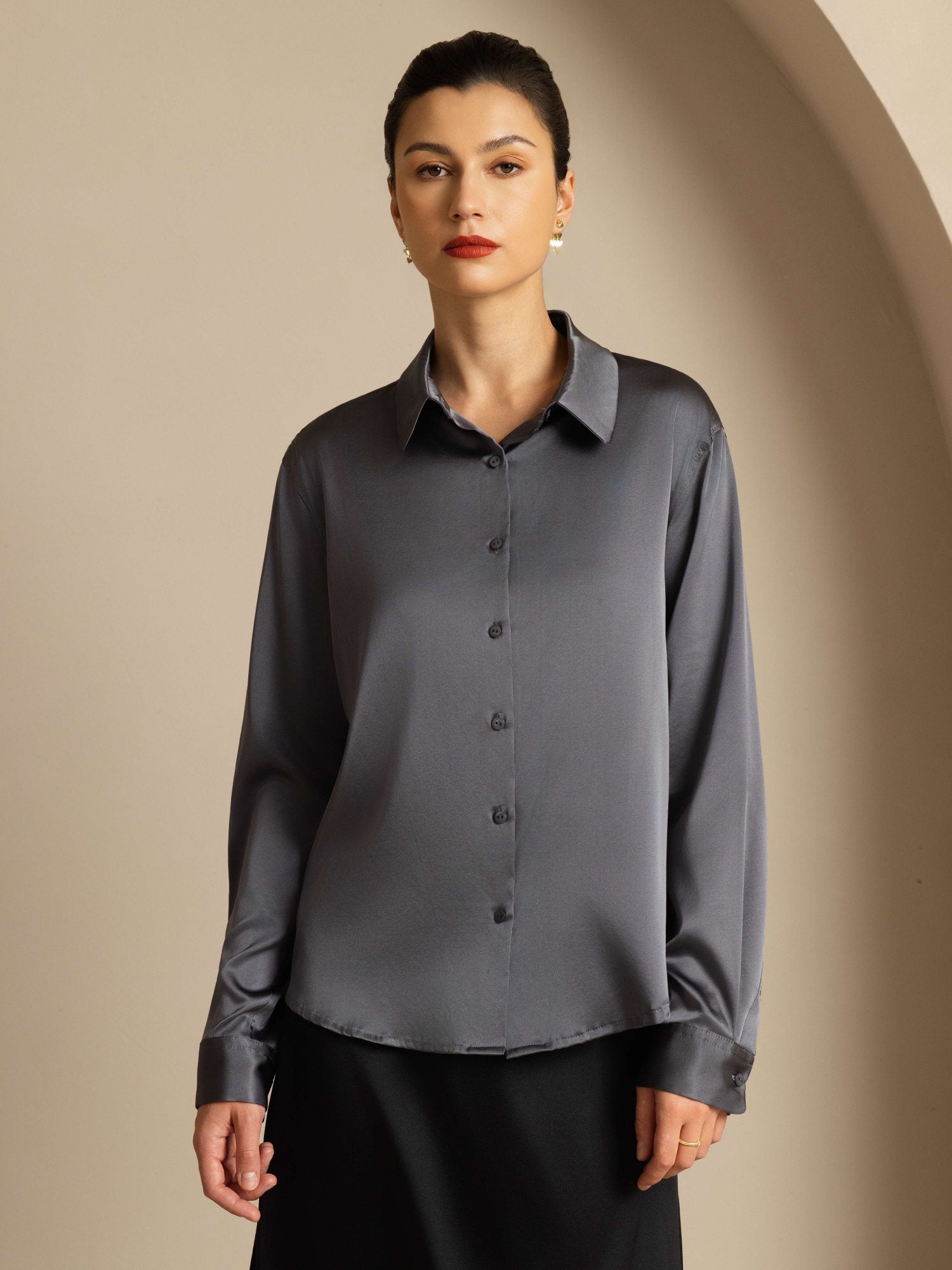 [Dark Gray] SilkSilky-AU 19Momme Stretch Silk Charmeuse Long Sleeve Lapel Collar Women's Shirt 003