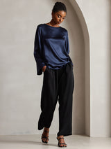 [Dark Blue] SilkSilky-AU Long Sleeve Boat Neck Blouse 004