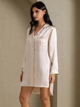 [Beige] SilkSilky-AU Long Sleeve Lapel Collar Nightshirt 001