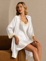 [White] SilkSilky-AU 3/4 Sleeve V Neck Nightgown&Dressing Gown Set 004