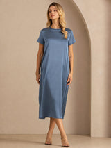 [Real Teal] SilkSilky-AU Short Sleeve Crew Neck Dress 003