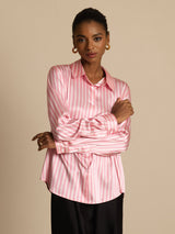 [Pink Stripe] SilkSilky-AU Long Sleeve Lapel Collar Women's Shirt 005