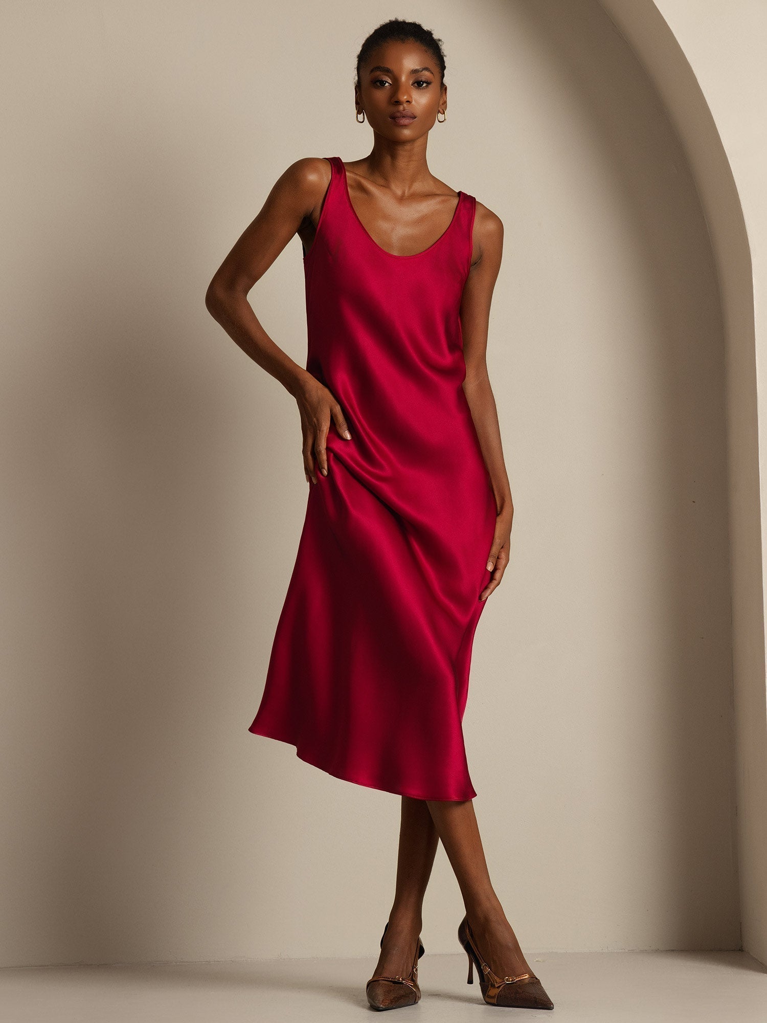 [Wine] SilkSilky-AU Pure Silk Boat Neck Dress 006,