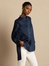 [Dark Blue] SilkSilky-AU 19Momme Stretch Silk Charmeuse Long Sleeve Stand Collar Blouse 005