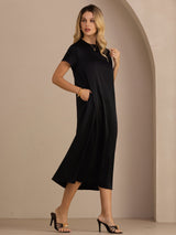 [Black] SilkSilky-AU Short Sleeve Crew Neck Dress 001